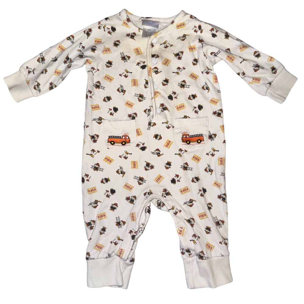 Agabang Firefighter Print Romper Sleeper White 9M Embroidered Fire Truck Snaps